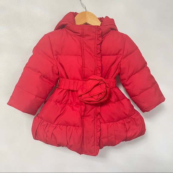 Kate Spade New York Red Puffer Hooded Jacket W/ Flower/ Rose Belt &Gold Hardware - Picture 13 of 16
